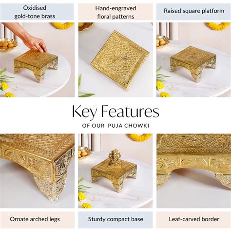 Gold Puja Chowki Small 16x16cm Online - Premium Devotion | Nestasia