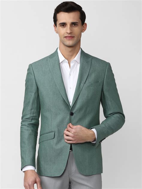 Buy Peter England Elite Men Green Solid Linen Single Breasted Slim Fit ...