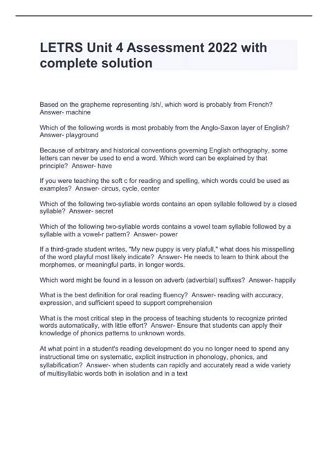 LETRS Unit 4 Assessment 2024 with complete solution - Nursing - Stuvia US