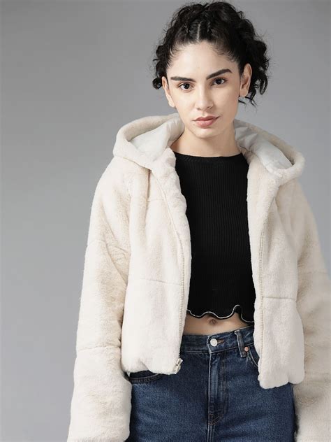 Roadster Women Off White Solid Faux Fur Hooded Sherpa Jacket - Price ...