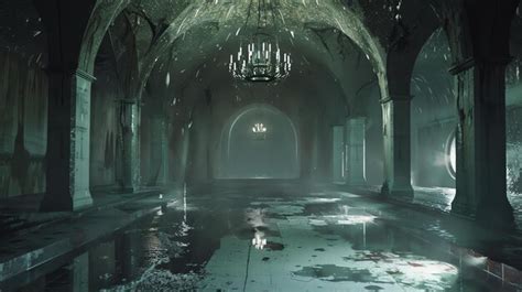 A dark and mysterious flooded hall with a beautiful chandelier the ...