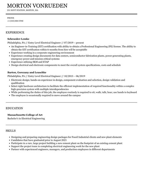 Entry Level Electrical Engineer Resume Samples | Velvet Jobs