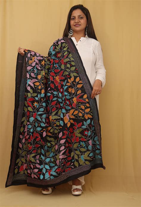 Hand Embroidered Black Kantha Silk Dupatta - Exquisite Design
