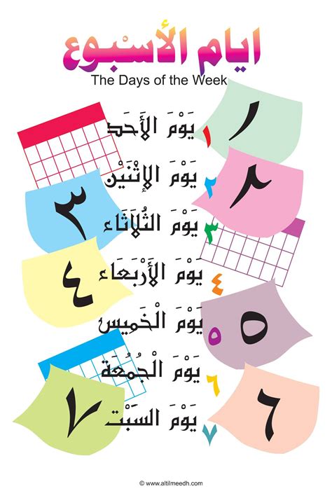 Days of the Week Poster in Arabic with Colorful Illustrations and Numbers