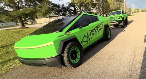 Doctor Orders a Tesla Cybertruck and Wraps It in Neon Green To Match His Ram 1500 TRX ...