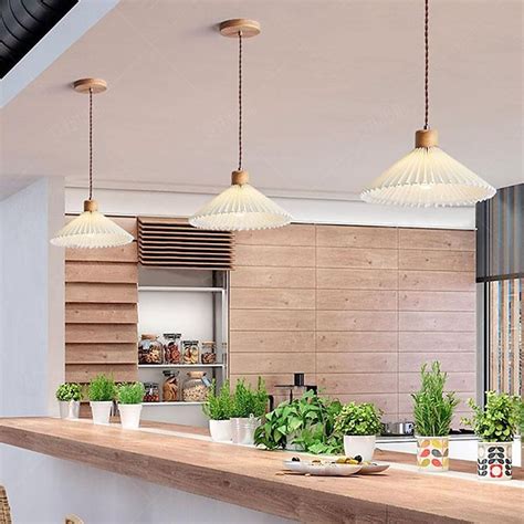 Nordic Style Wood Pendant Light with White Pleated Fabric Shade ...