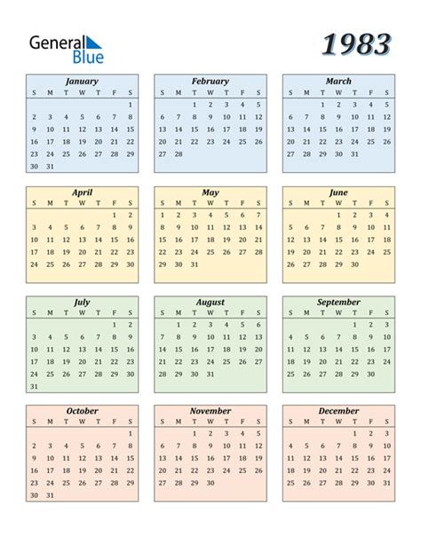 Free 1983 Calendars in PDF, Word, Excel