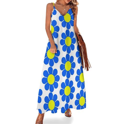 Blue Yellow Hippy Flower Daisy Sleeveless Dress dresses for woman luxury evening dress woman for ...