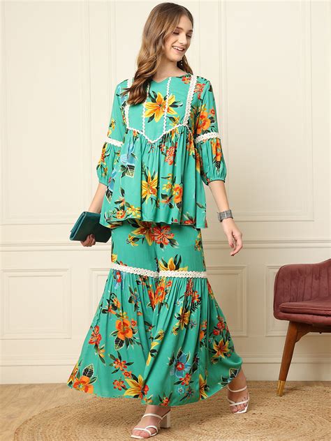 Green Floral Printed Peplum Top With Sharara Women Indo Western Co-Ord