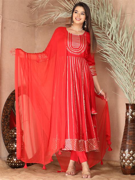 Women's Red Gotta Patti Rayon Stiched Party Anarkali Kurta Set - See B ...