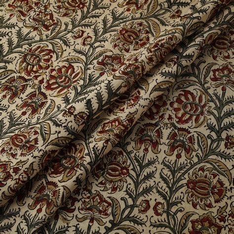 Beige Natural Dyed Hand Block Print Cotton Pedana Kalamkari Fabric