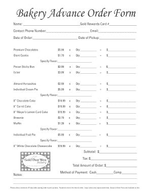 2013-2026 NV Gold Dust West Bakery Advance Order Form - Blank Fillable ...