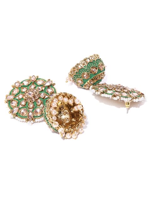 Gold-Plated Stones Studded Meenakari Jhumka Earrings in Green color wi ...