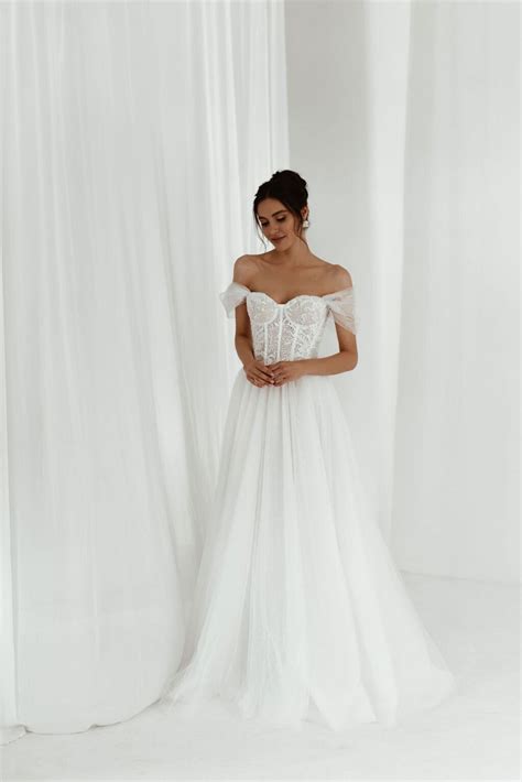 A-line Wedding Dress With Detachable Sleeves, Embroidered Corset Bridal Gown, Sparkling Lace ...