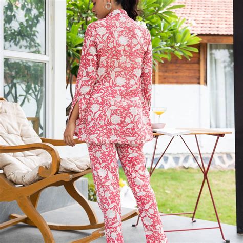 Nisha Pink Jaal Hand Blockprint Cotton Co-ord Set For Women – House of Ekam