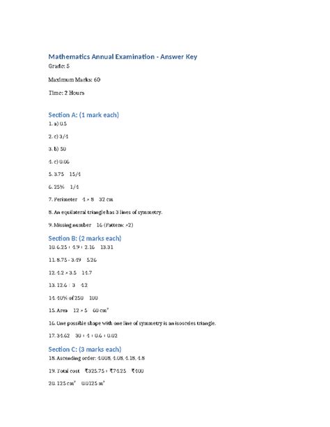 Grade 5 Math Answer Key Corrected - Mathematics Annual Examination ...