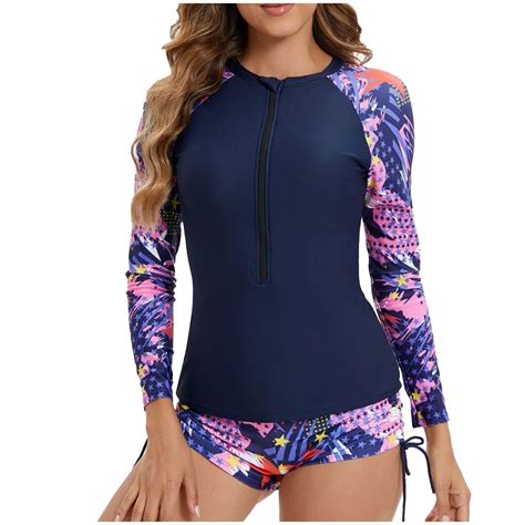 TMOYZQ Women 2 Piece Swim Suits Long Sleeve Half Zip Up Sun Guard with ...
