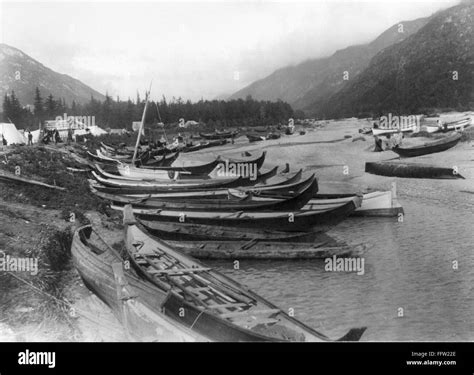 ALASKA: CANOES, c1897. /nForty Native American canoes on a lake in Dyea ...