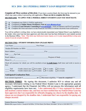 Fillable Online SC4 2010 - 2011 FEDERAL DIRECT LOAN REQUEST FORM Fax ...