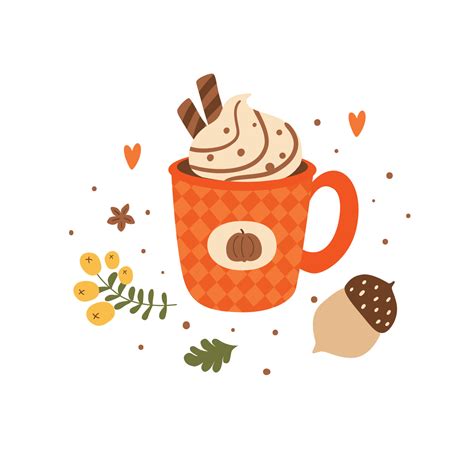 Pumpkin spice latte hand drawing isolated element. Cozy autumn hot ...