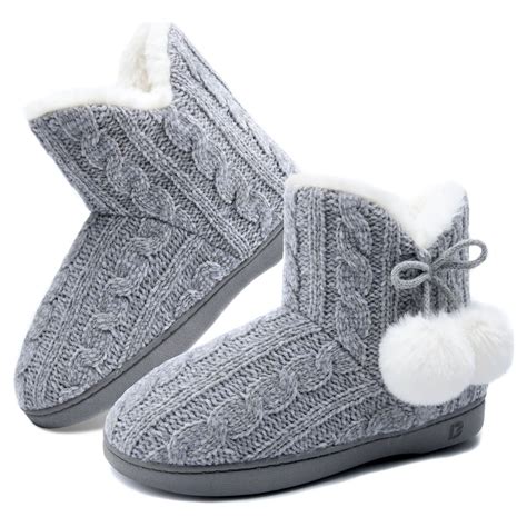 DL Cozy Knit Bootie Slippers with Fuzzy Rubber Sole for Women - Warm ...