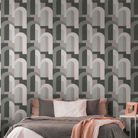 art deco graphic wallpaper grey black - fleece wallpaper with retro ...
