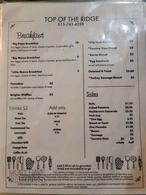 Menu at Top of the Ridge Restaurant, Portland, 111 Main St