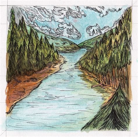 A quick watercolour and pen drawing of a mountain river scene | River drawing, Sketches of ...