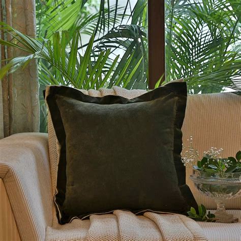 Cotton Velvet Cushion Cover - Olive Green With Contrast Border Trim ...