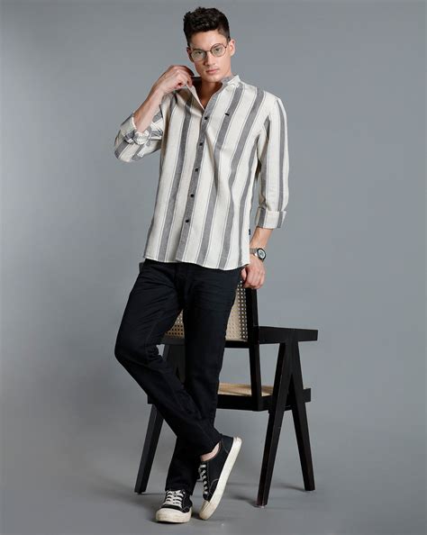 IDENTITI Men Slim Fit Mandarin Collar Striped Shirt In Beige