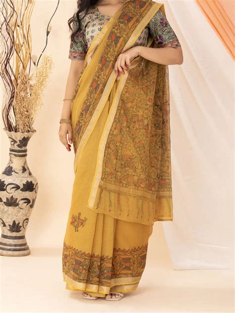 Mustard Yellow Kota Saree with Madhubani painting – Bihart