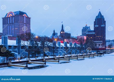 Milwaukee winter time stock image. Image of hall, downtown - 91092797