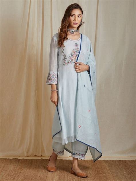 Buy White Embroidered Chanderi Kurta with Cotton Pants and Green ...