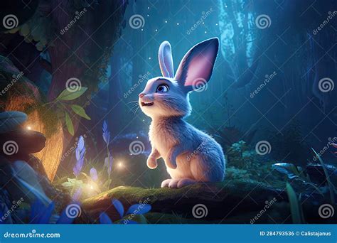 Curious Baby Rabbit Discovers Fireflies Stock Illustration ...