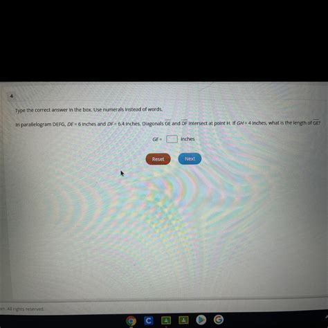 In parallelogram DEFG, DE=6 Inches and DF= 6.4 Inches. Diagonals GE and ...
