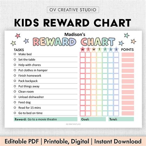 EDITABLE Reward Chart for Kids | Printable, Digital PDF | Weekly Chore ...