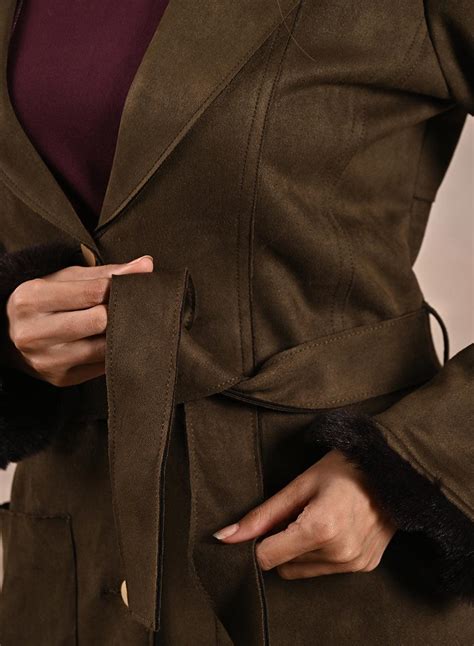 Olive Long Belted Trench Coat with Fur Detailing-22WLWC0420-3A – Lakshita