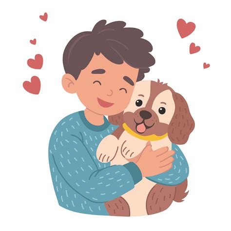 Boy hug dog. Young man hugging puppy with love. Kid and dog ...