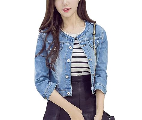 Buy Trendy XU Women's Short Denim Jacket Round Neck Denim Three Quarter ...