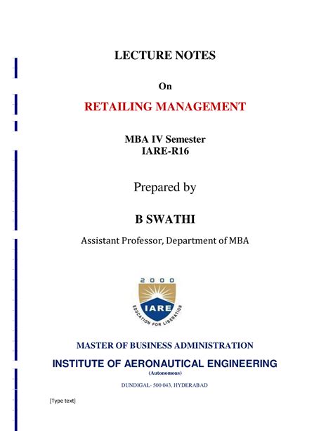 IARE RM Notes 0 - Retail Management - LECTURE NOTES On RETAILING ...