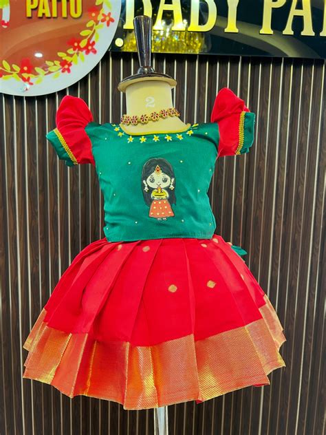 Green Top & Red Bottom Pattu Pavada - Hand Painted crackers Themed Diw ...
