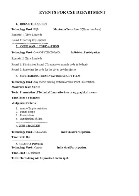 CSE Department Event Ideas - Notes for Competitions - Studocu