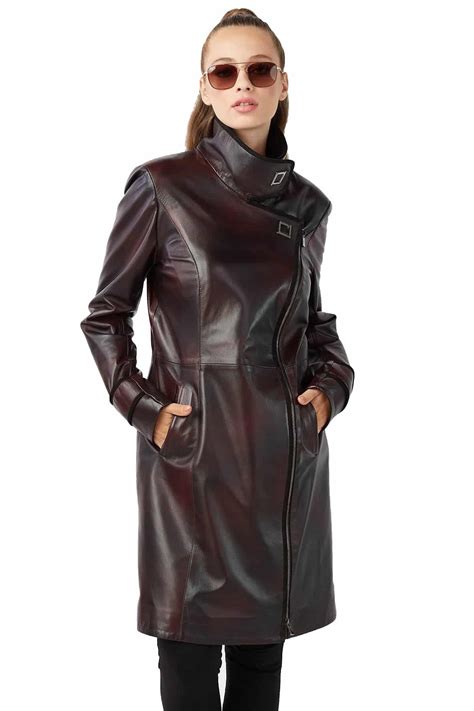 Alaska Women's 100 % Real Claret Red Leather Trench Coat