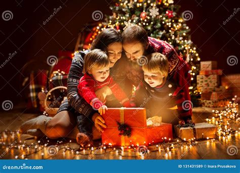 Christmas Family Open Lighting Present Gift Box Under Xmas Tree, Happy ...