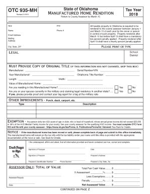 Oklahoma Manufactured Home Rendition Form 935-MH - Blank Fillable ...