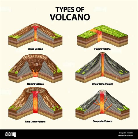 Detailed vector illustration of six volcano types with cross-sections, highlighting geological ...