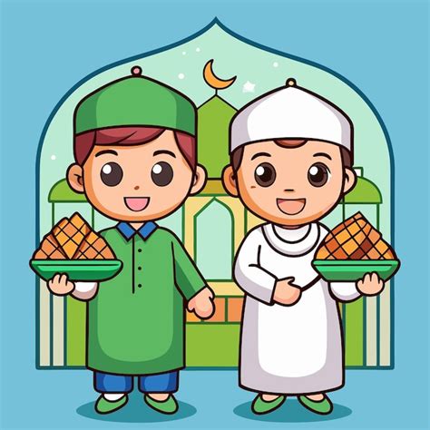 Joyful muslim children celebrating eid alfitr with ketupat delicacy ...