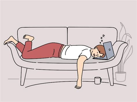 Tired man fall asleep on sofa with laptop | Premium Vector