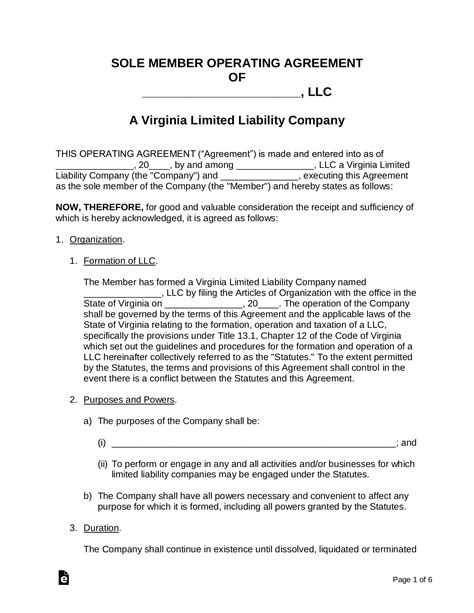 Free Virginia Llc Operating Agreement Template