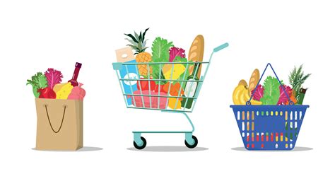 Food bag. Shopping cart and paper bag with supermarket grocery set ...